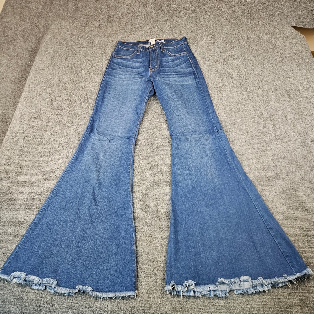 Judy Blue High Waist Flare Jeans Medium Wash Raw Hem Bell Bottoms 7/28 8396